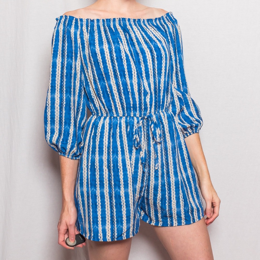 Blue and White Tie Dye Pattern, Off the Shoulder Romper by Lush